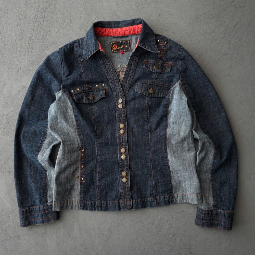 Vintage 2000s Blue Denim Jacket Size 15 Studded Contrast Stitch Y2K